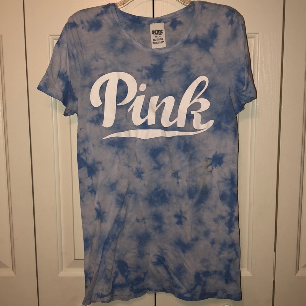 PINK: Blue Tie Die Brand T-Shirt